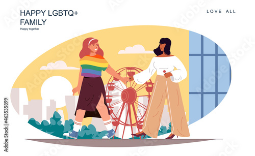 Happy LGBT family concept. Loving women walking at amusement park, spend time together. Diverse multiracial couple, lesbian relationship daily life. Vector illustration of people in flat design