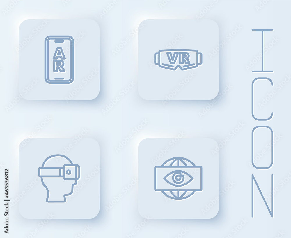 Set line Augmented reality AR, Virtual glasses, and Big brother electronic eye. White square button. Vector Set line Augmented reality AR, Virtual glasses, and Big brother electronic eye. White square button. Vector