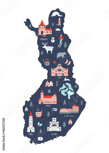 Vector illustrated map of Scotland with famous symbols