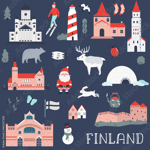 Set of famous symbols, icons of Finland.