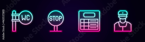 Set line Toilet, Stop sign, Train station board and conductor. Glowing neon icon. Vector