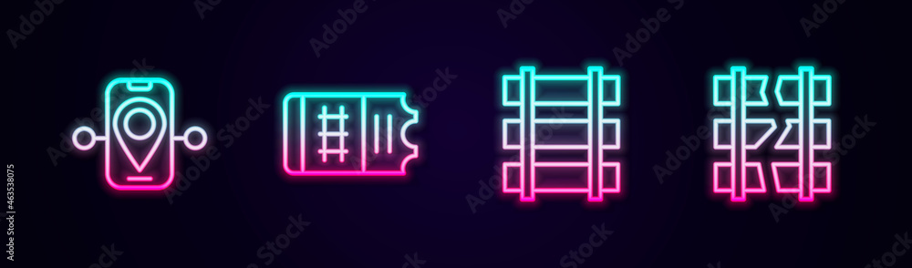 Set line Route location, Train ticket, Railway, railroad track and Broken or cracked railway. Glowing neon icon. Vector Set line Route location, Train ticket, Railway, railroad track and Broken or cracked railway. Glowing neon icon. Vector