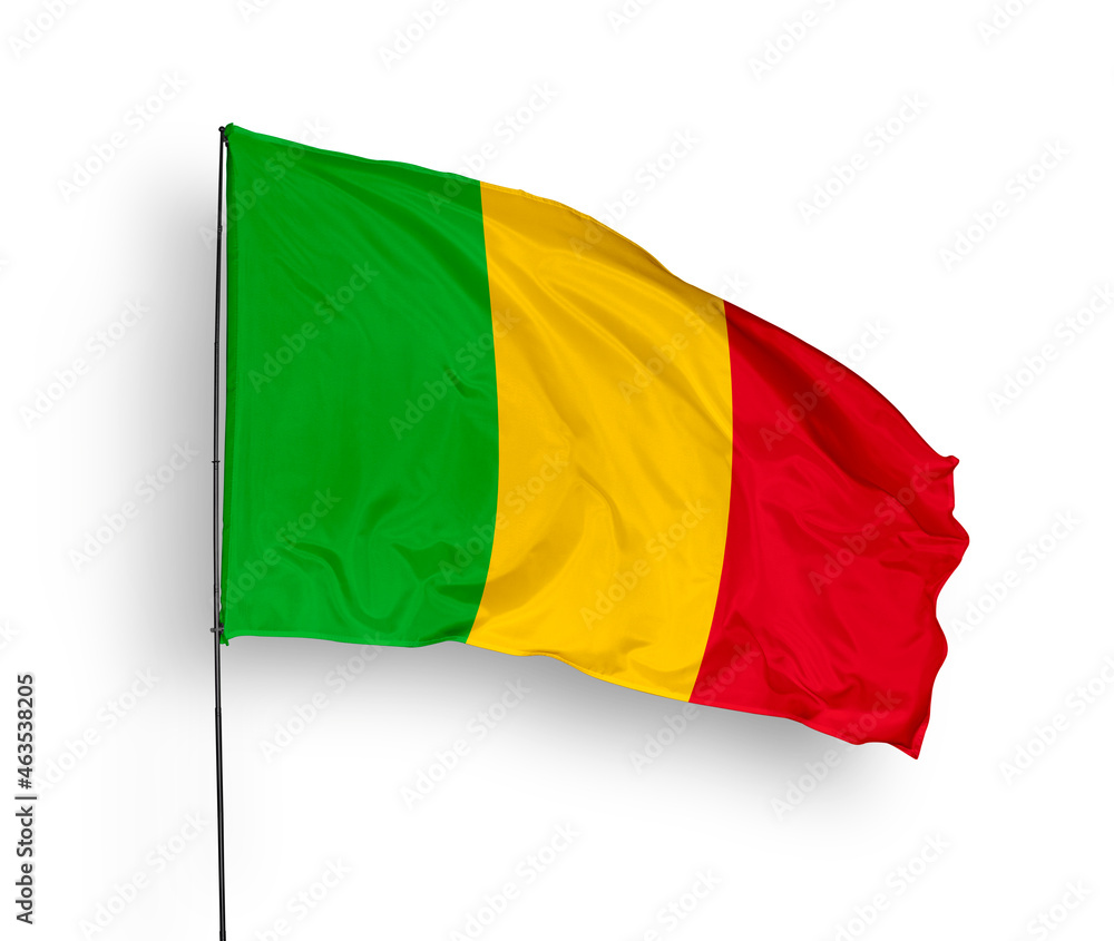 Mali flag isolated on white background. close up waving flag of Mali. flag symbols of Mali. Concept of Mali. Mali flag isolated on white background. close up waving flag of Mali. flag symbols of Mali. Concept of Mali.