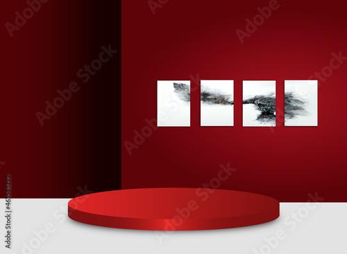 Background vector 3d red rendering with stage product and minimal red wall