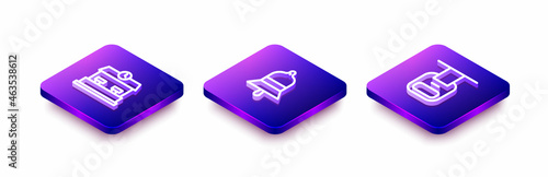 Set Isometric line Railway station, Train bell and Cable car icon. Vector