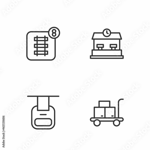 Set line Trolley suitcase, Cable car, Online ticket booking and Railway station icon. Vector
