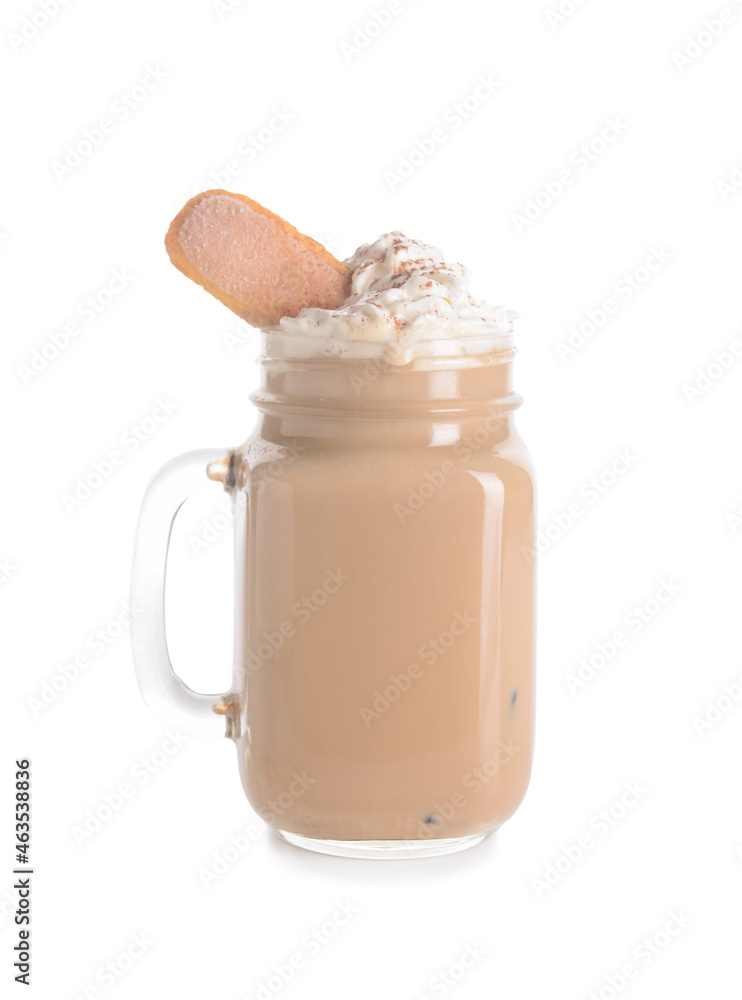 Mason jar of tasty Tiramisu Latte on white background Mason jar of tasty Tiramisu Latte on white background