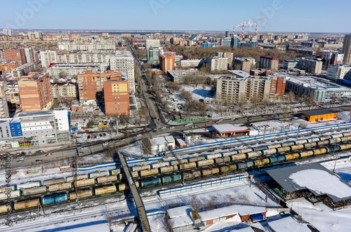 Trains between districts of Tyumen city. Russia