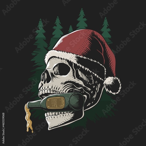 skull biting beer bottle merry christmas vector illustration