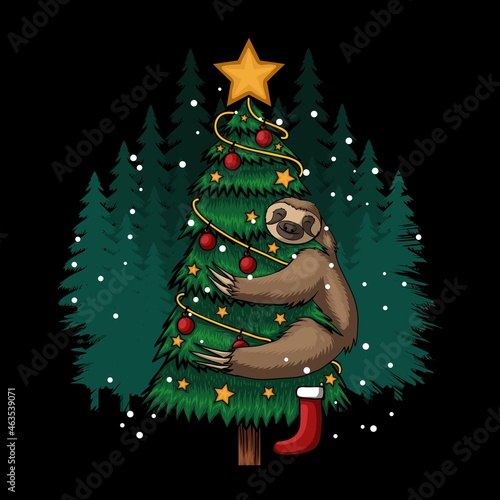 sloth hugging tree merry christmas vector illustration