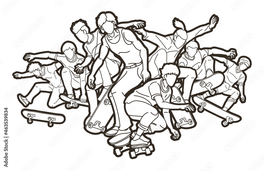 Fototapeta premium Group of People Playing Skateboard Extreme Sport Action Cartoon Graphic Vector