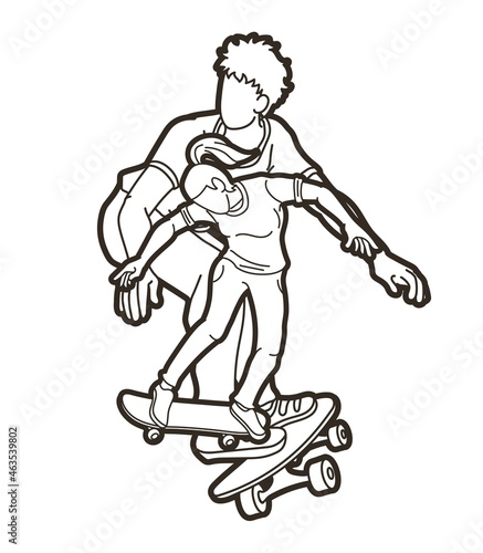 Group of People Playing Skateboard Extreme Sport Action Cartoon Graphic Vector