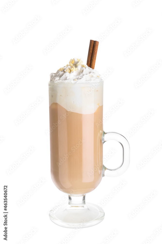 Glass cup of tasty latte with nuts on white background Glass cup of tasty latte with nuts on white background