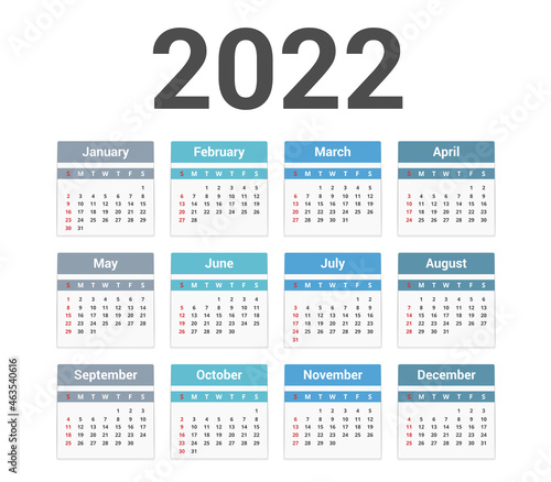 2022 Calendar, week starts on Sunday
