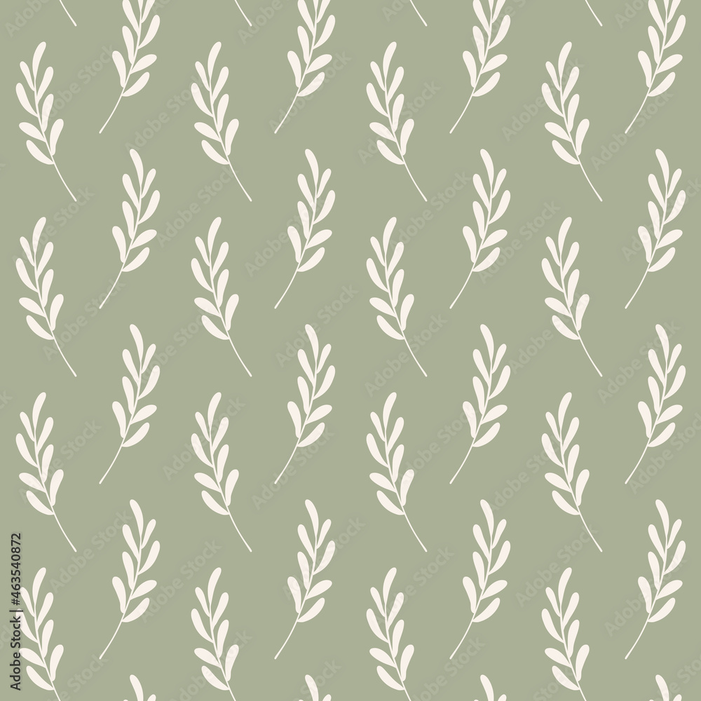 warm foliage seamless pattern of earth tone autumn leaves with sage green background