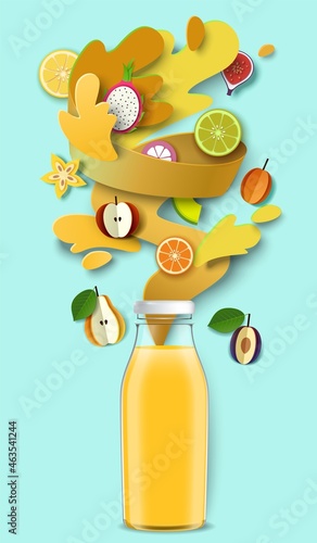 Fruit juice packaging glass bottle, paper cut fresh fruits, liquid splash, drops. Healthy drink, vector illustration.