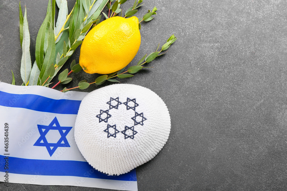 Sukkot festival symbols and flag of Israel on grey background