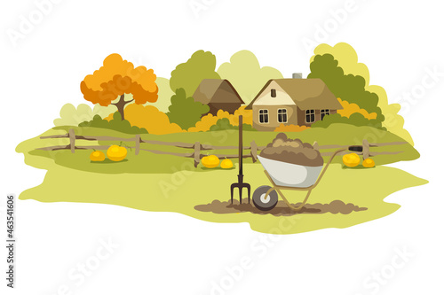 Village landscapes. Vector illustration, fields and meadows, autumn and harvest time.	