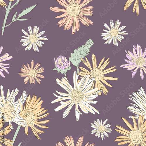 Floral Vector Pattern with Chrysanthemums in Pastel colors. Dark Background. Vintage. Romantic mood for print. © Ira Tiigra