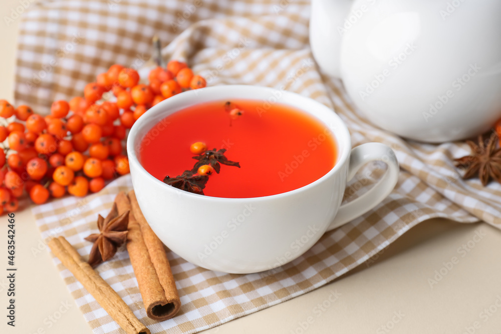 Cup of delicious rowan tea and spices on color background