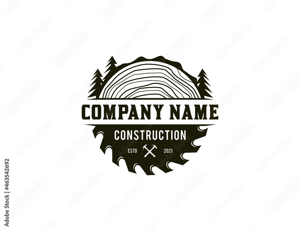 Woodworking logo with saw blade and tree line icon Stock Vector Adobe