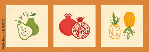 Set of simple posters with fruits. Cards with pears, pomegranates, pineapples. Vector flat illustration