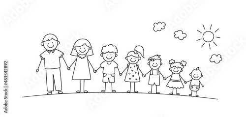 Happy doodle stick mans family in summer park. Hand drawn family members. Mother, father and kids holding hands. Vector illustration isolated in doodle style on white background.
