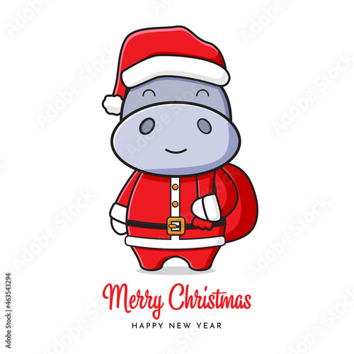 Cute hippo santa greeting merry christmas and happy new year cartoon doodle card background illustration