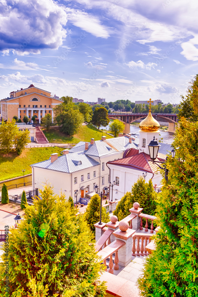 Cityscape of the City of Vitebsk With Golden Cathedral Dome and Bridge Across the Dvina River At Daytime Cityscape of the City of Vitebsk With Golden Cathedral Dome and Bridge Across the Dvina River At Daytime