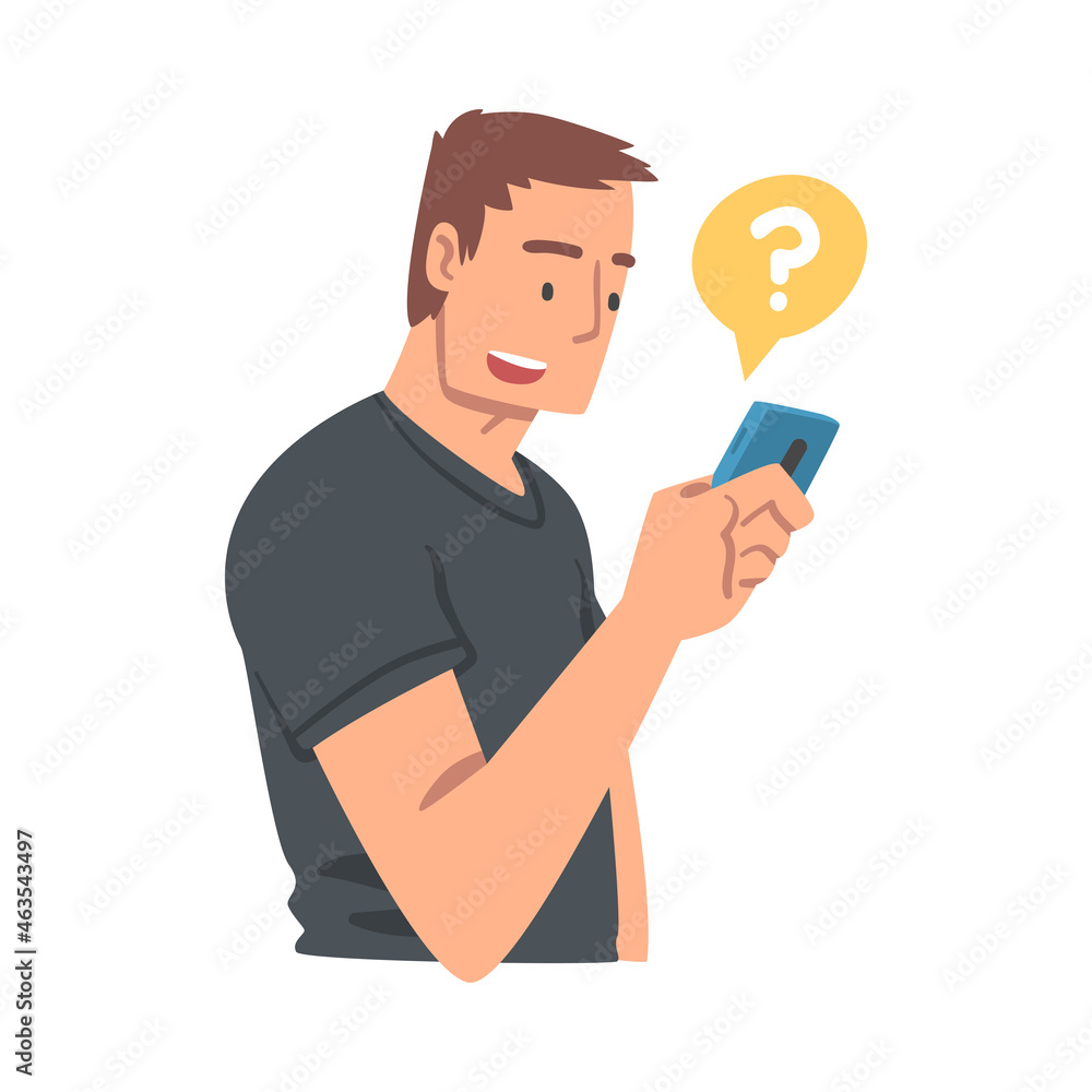 Young Man Character Asking Question Using Internet Search System on His Smartphone Vector Illustration Young Man Character Asking Question Using Internet Search System on His Smartphone Vector Illustration