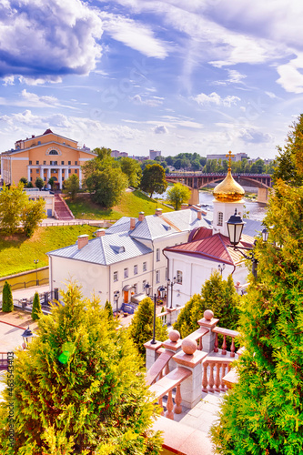 Cityscape of the City of Vitebsk With Golden Cathedral Dome and Bridge Across the Dvina River At Daytime