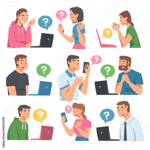 People Character Asking Question Using Internet Search System on Their Smartphone and Laptop Vector Set