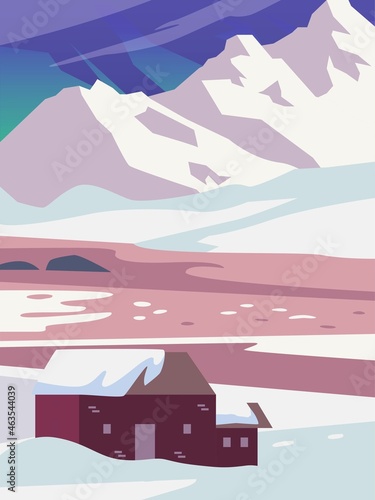Beautiful scenery of nature landscape in winter with snow, forest, mountains, and cabin. Banner background vector illustration