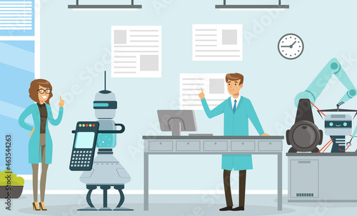 Artificial Intelligence Development with Man and Woman Scientist Engaged in Robot and Machine Research Vector Illustration