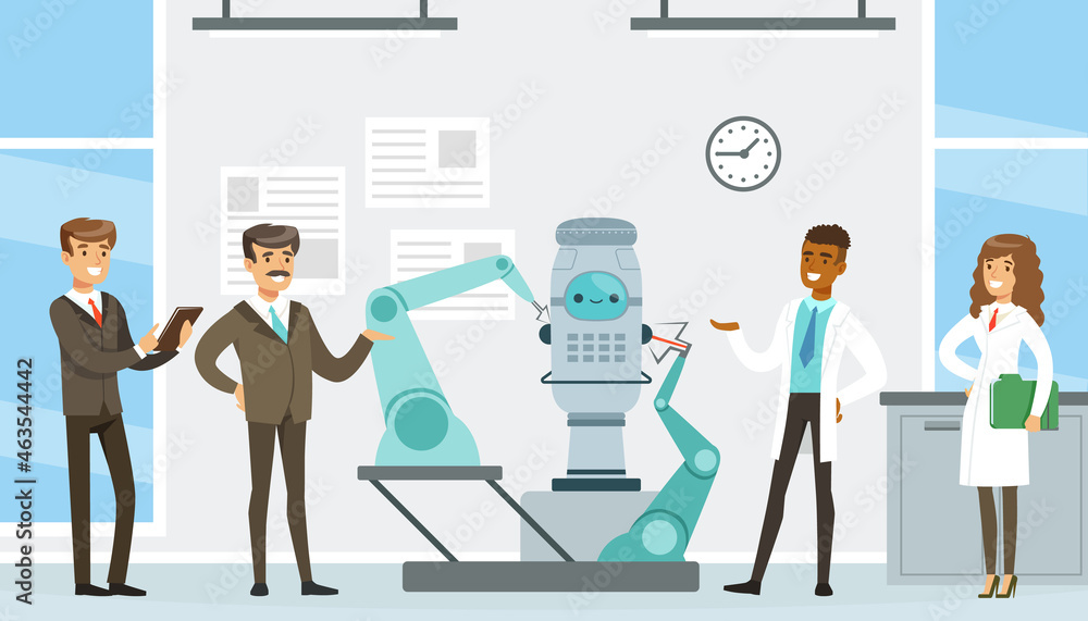 Man and Woman Scientist Presenting Artificial Intelligence Assistance in Operation Vector Illustration Man and Woman Scientist Presenting Artificial Intelligence Assistance in Operation Vector Illustration