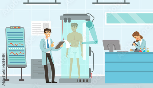 Man and Woman Scientist Conducting Experiment with Artificial Intelligence Assistance Examining Human Body Vector Illustration