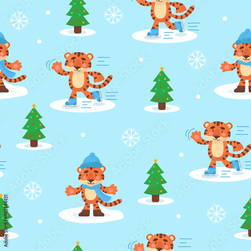Seamless pattern with cute tigers. For Christmas cards, invitations, packaging paper etc. Vector flat cartoon illustration.
