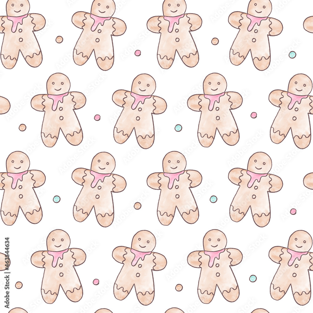 Seamless pattern with gingerbread man for christmas, white background. Watercolor hand drawn illustration. Ideal for fabric, textile, wallpaper, prints scrapbooking wrapping paper party decoration Seamless pattern with gingerbread man for christmas, white background. Watercolor hand drawn illustration. Ideal for fabric, textile, wallpaper, prints scrapbooking wrapping paper party decoration