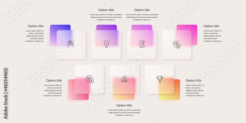 Business process chart infographics with 7 step squares. Rectangular corporate workflow graphic elements. Company flowchart presentation slide. Vector info graphic in glassmorphism design.