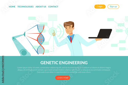 Man Scientist Conducting Genetic Engineering Experiment with Artificial Intelligence Assistance Vector Landing Page Template
