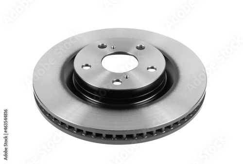 Brake disc isVentilated brake disc for a passenger car isolated on a white background. A spare part for the car brake system.olated on white background