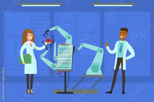 Man and Woman Scientist Conducting Experiment with Artificial Intelligence Assistance Vector Illustration