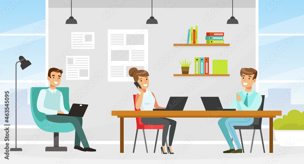 People Coworker in Office Space Working Together at Table and in Armchair Vector Illustration People Coworker in Office Space Working Together at Table and in Armchair Vector Illustration