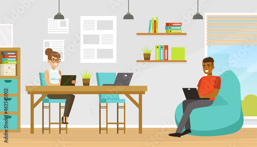 People Coworker in Office Space Working Together at Table and in Armchair Vector Illustration