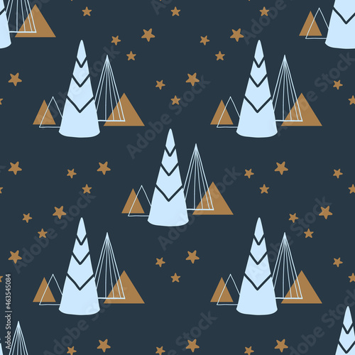 Christmas and New Year pattern. Seamless repeating simple flat pattern with Christmas tree and starss. Texture for fabric, textile, poster, card, print, invitation, wrapper photo
