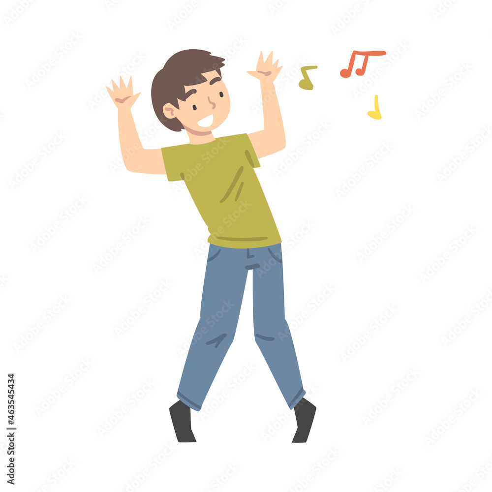 Positive Young Man Dancing Moving Hands and Legs to Music Rythm Vector Illustration Positive Young Man Dancing Moving Hands and Legs to Music Rythm Vector Illustration