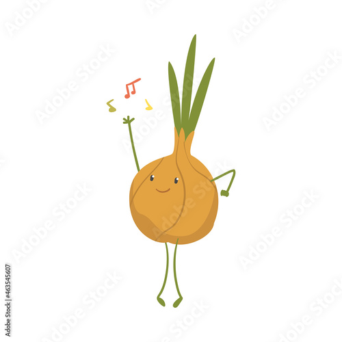 Funny Onion Bulb Character Dancing Moving Hand and Legs Vector Illustration
