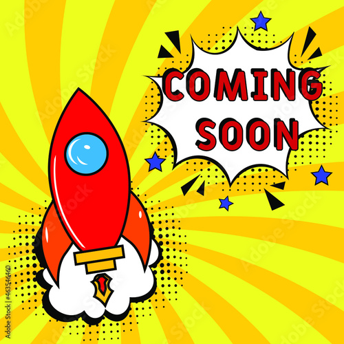 Comic book explosion with text Coming soon, vector illustration. Coming soon in comic pop art style. Comic advertising concept with Coming soon wording. Modern Web Banner Element