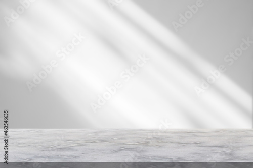 Fototapeta Marble table with window shadow drop on white wall background for mockup product
