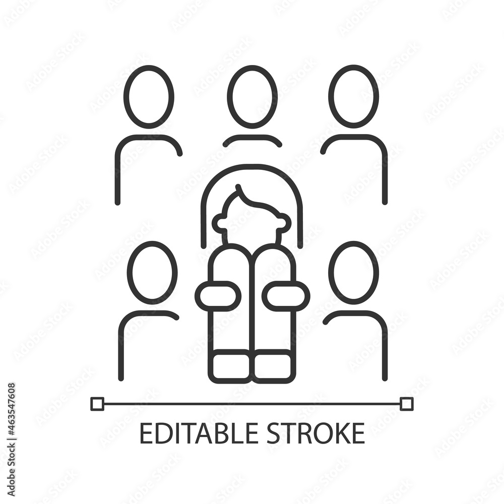 Enochlophobia linear icon. Irrational fear of crowd. Panic disorder. Psychotherapy treatment. Thin line customizable illustration. Contour symbol. Vector isolated outline drawing. Editable stroke Enochlophobia linear icon. Irrational fear of crowd. Panic disorder. Psychotherapy treatment. Thin line customizable illustration. Contour symbol. Vector isolated outline drawing. Editable stroke